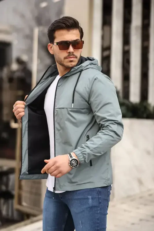 Men's Lined Water-Resistant Hooded Raincoat with Pockets-MINT - 2