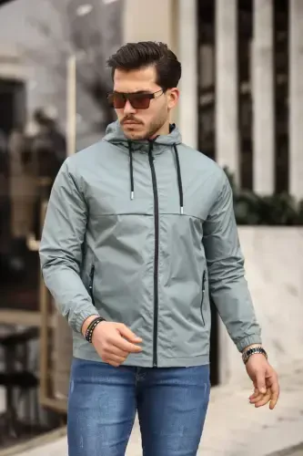 Men's Lined Water-Resistant Hooded Raincoat with Pockets-MINT - 3