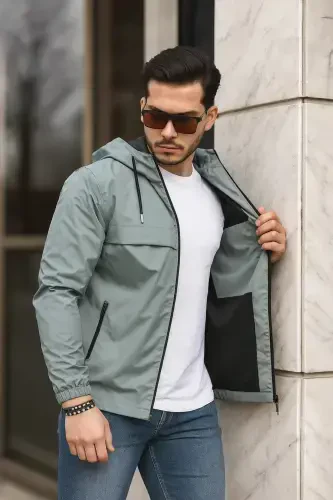 Men's Lined Water-Resistant Hooded Raincoat with Pockets-MINT - 4