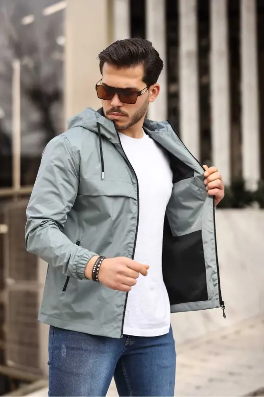 Men's Lined Water-Resistant Hooded Raincoat with Pockets-MINT - COMSTAR