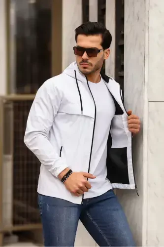 Men's Lined Waterproof Hooded Raincoat with Pockets - 4