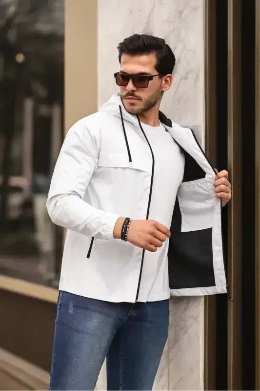 Men's Lined Waterproof Hooded Raincoat with Pockets - 5