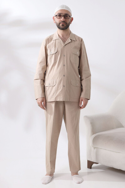 Men's Linen 4 Pocket Dual Safari Suit for Hajj and Umrah Outfit Beige - 11