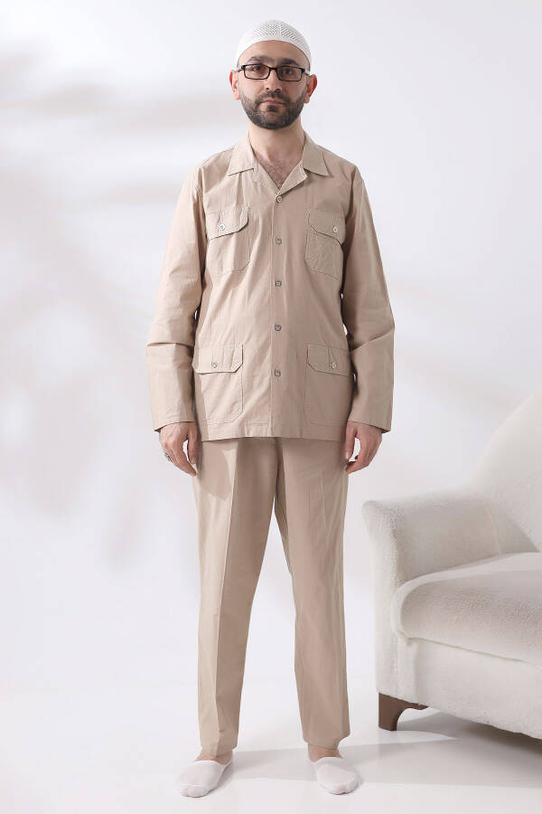 Men's Linen 4 Pocket Dual Safari Suit for Hajj and Umrah Outfit Beige - 11