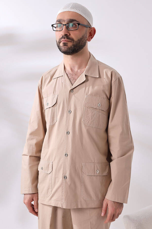 Men's Linen 4 Pocket Dual Safari Suit for Hajj and Umrah Outfit Beige - 12