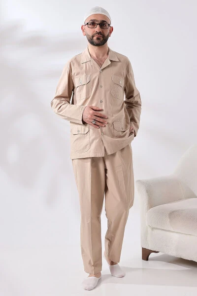 Men's Linen 4 Pocket Dual Safari Suit for Hajj and Umrah Outfit Beige - IHVAN ONLINE