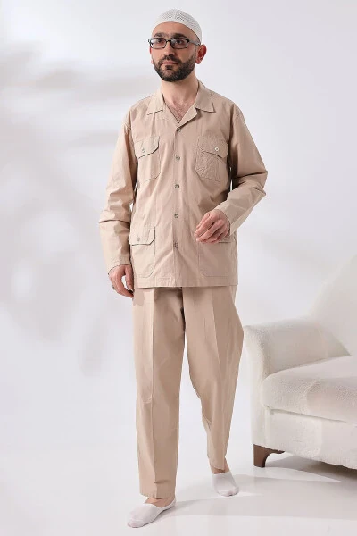Men's Linen 4 Pocket Dual Safari Suit for Hajj and Umrah Outfit Beige - IHVAN ONLINE (1)