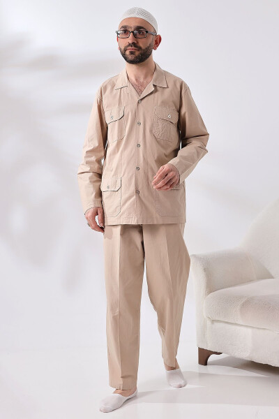 Men's Linen 4 Pocket Dual Safari Suit for Hajj and Umrah Outfit Beige - 2