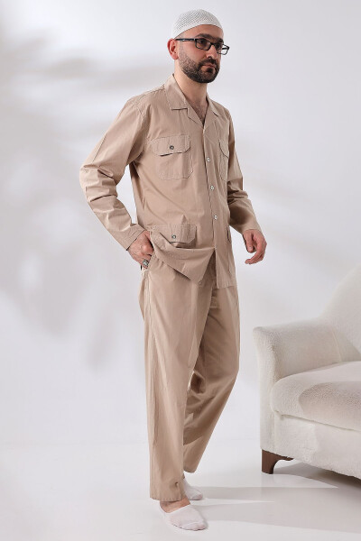 Men's Linen 4 Pocket Dual Safari Suit for Hajj and Umrah Outfit Beige - 3