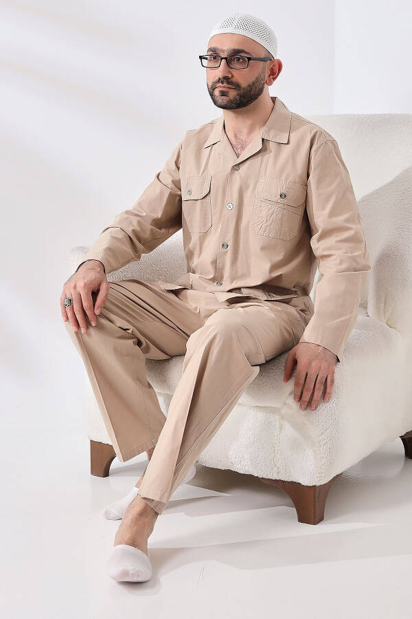 Men's Linen 4 Pocket Dual Safari Suit for Hajj and Umrah Outfit Beige - 7