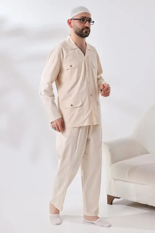 Men's Linen 4 Pocket Two Piece Safari Suit Hajj Umrah Outfit Cream-Cream - 13