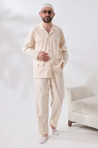 Men's Linen 4 Pocket Two Piece Safari Suit Hajj Umrah Outfit Cream-Cream - 1