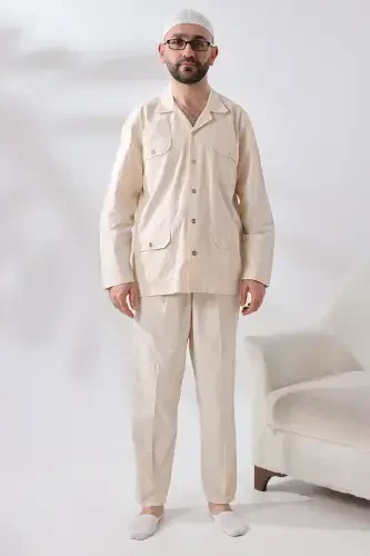 Men's Linen 4 Pocket Two Piece Safari Suit Hajj Umrah Outfit Cream-Cream - 2