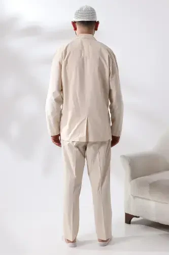 Men's Linen 4 Pocket Two Piece Safari Suit Hajj Umrah Outfit Cream-Cream - 4