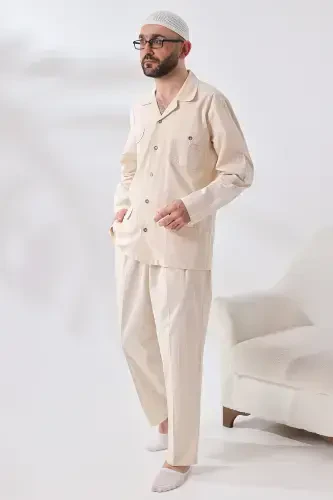 Men's Linen 4 Pocket Two Piece Safari Suit Hajj Umrah Outfit Cream-Cream - 5