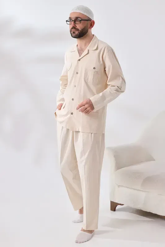 Men's Linen 4 Pocket Two Piece Safari Suit Hajj Umrah Outfit Cream-Cream - 5