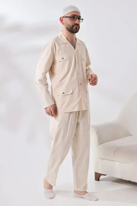 Men's Linen 4 Pocket Two Piece Safari Suit Hajj Umrah Outfit Cream-Cream - 6