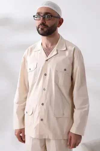 Men's Linen 4 Pocket Two Piece Safari Suit Hajj Umrah Outfit Cream-Cream - 7