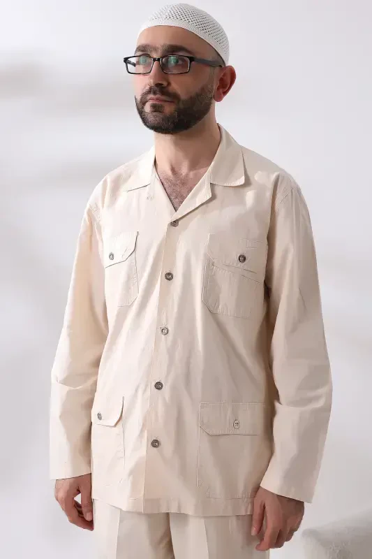 Men's Linen 4 Pocket Two Piece Safari Suit Hajj Umrah Outfit Cream-Cream - 7