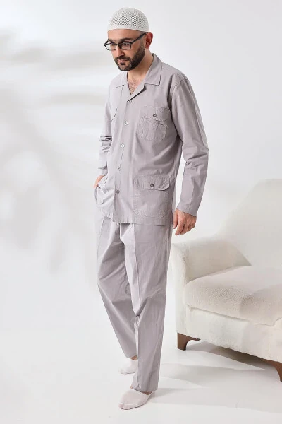 Men's Linen 4 Pocket Two-Piece Safari Suit Hajj Umrah Outfit Gray - IHVAN ONLINE (1)