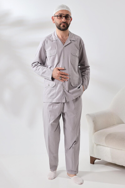 Men's Linen 4 Pocket Two-Piece Safari Suit Hajj Umrah Outfit Gray - 1