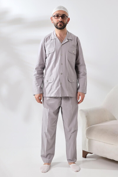 Men's Linen 4 Pocket Two-Piece Safari Suit Hajj Umrah Outfit Gray - 3