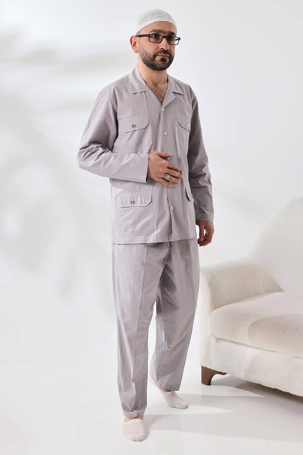 Men's Linen 4 Pocket Two-Piece Safari Suit Hajj Umrah Outfit Gray - 4