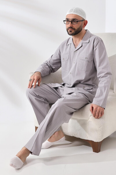 Men's Linen 4 Pocket Two-Piece Safari Suit Hajj Umrah Outfit Gray - 7