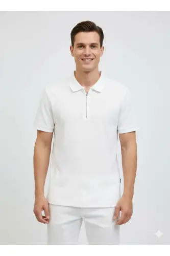 Men's Logo Embroidered Polo Collar White T-Shirt-White - 3