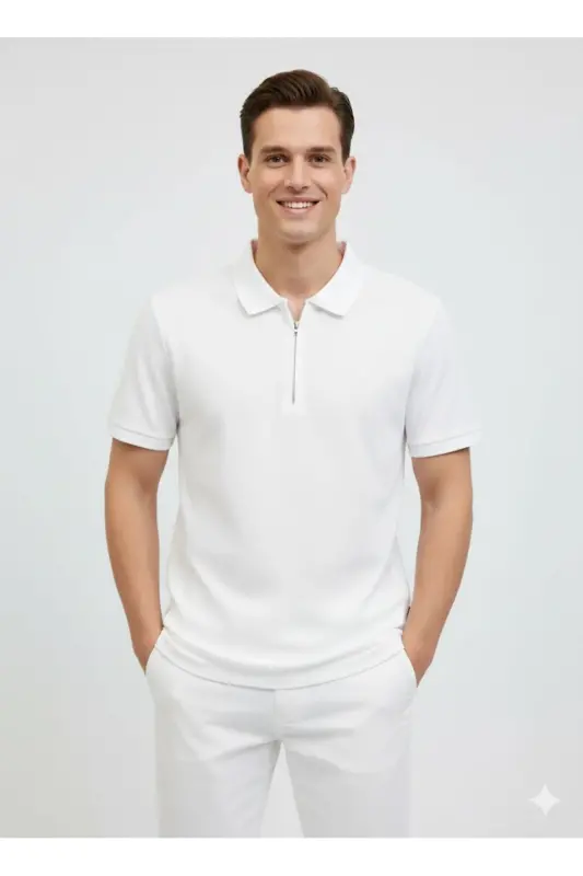 Men's Logo Embroidered Polo Collar White T-Shirt-White - 4