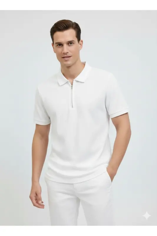 Men's Logo Embroidered Polo Collar White T-Shirt-White - 5