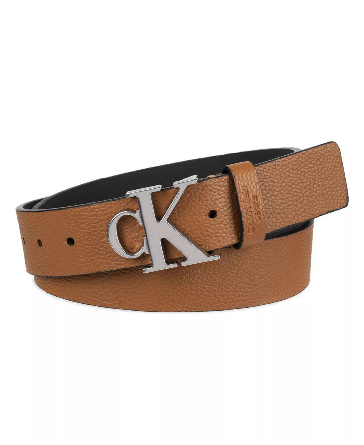 Men's Logo Plaque Buckle Fashion Jean Belt Tan - 1