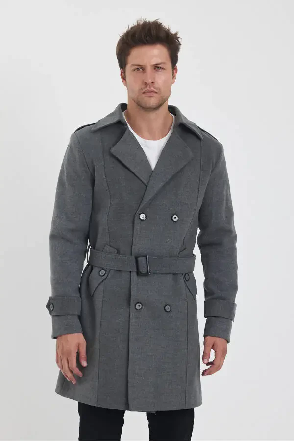 Men's long, fitted gray wool coat with a double-breasted collar. - 9