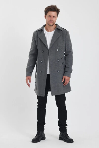 Men's long, fitted gray wool coat with a double-breasted collar. - 10