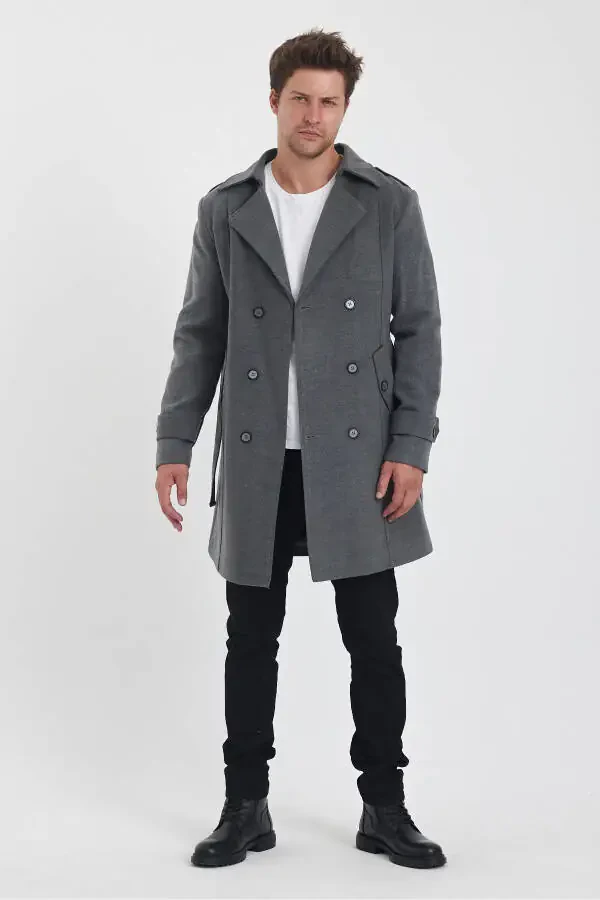 Men's long, fitted gray wool coat with a double-breasted collar. - 10