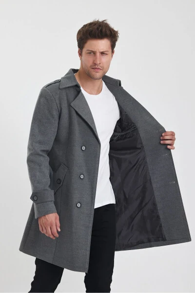 Men's long, fitted gray wool coat with a double-breasted collar. - 11