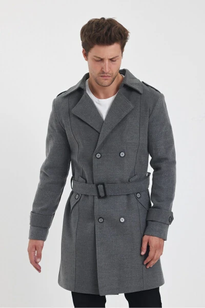 Men's long, fitted gray wool coat with a double-breasted collar. - 12