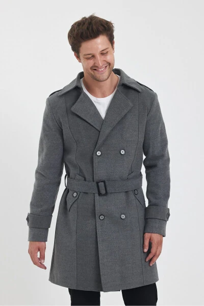 Men's long, fitted gray wool coat with a double-breasted collar. - 13