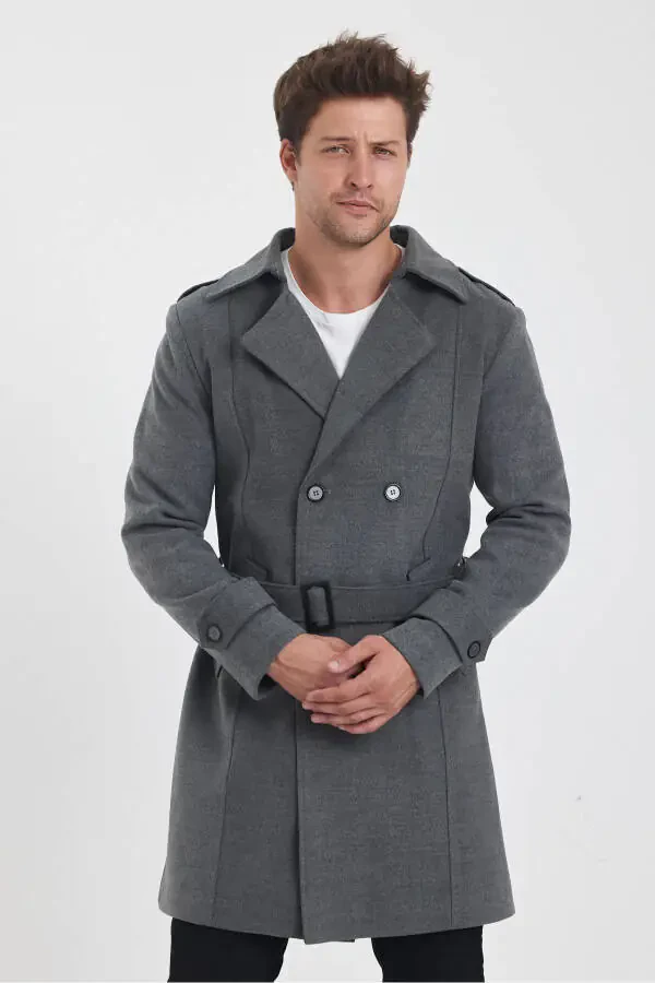 Men's long, fitted gray wool coat with a double-breasted collar. - 14