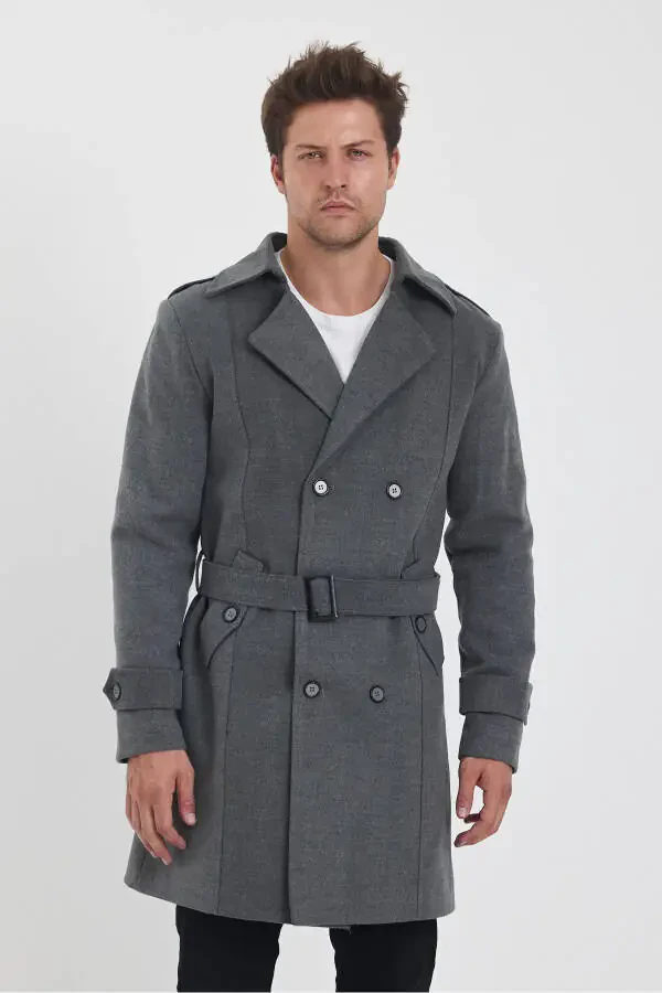 Men's long, fitted gray wool coat with a double-breasted collar. - 1
