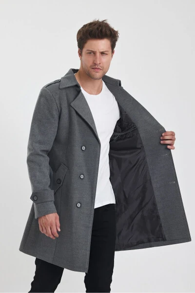 Men's long, fitted gray wool coat with a double-breasted collar. - 3