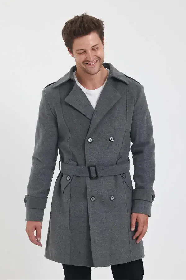 Men's long, fitted gray wool coat with a double-breasted collar. - 5