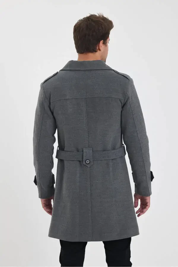 Men's long, fitted gray wool coat with a double-breasted collar. - 7