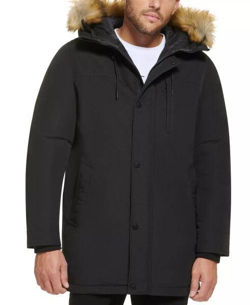 Men's Long Parka with Faux-Fur Lined Hood Black - 1