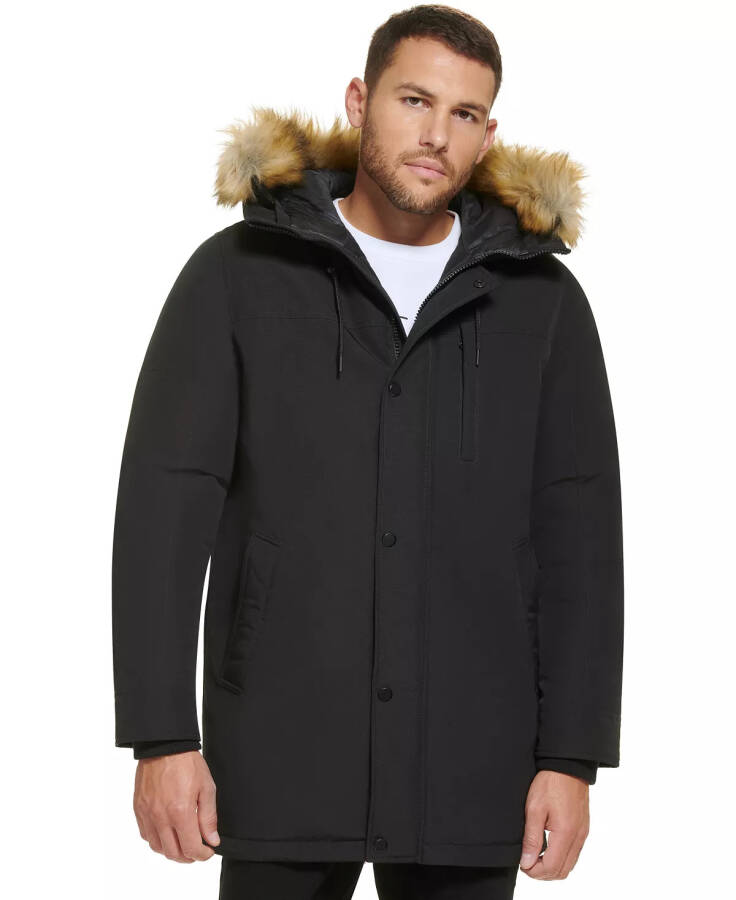 Men's Long Parka with Faux-Fur Lined Hood Black - 3