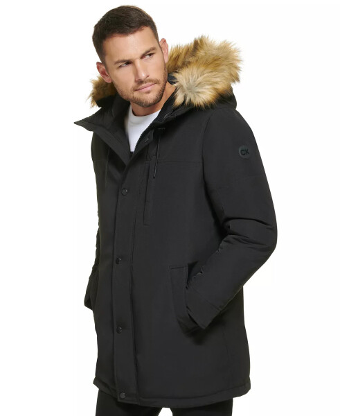 Men's Long Parka with Faux-Fur Lined Hood Black - 5