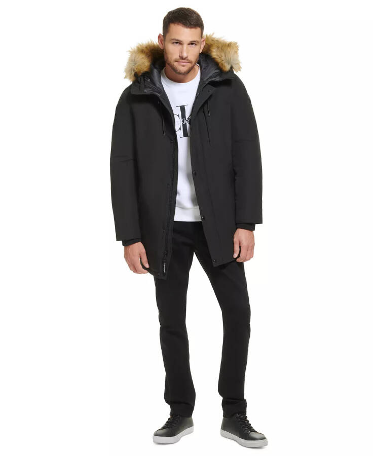 Men's Long Parka with Faux-Fur Lined Hood Black - 6