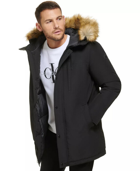 Men's Long Parka with Faux-Fur Lined Hood Black - 7