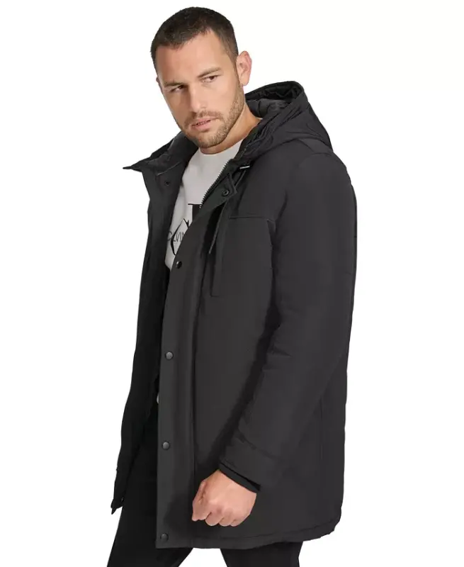 Men's Long Parka with Faux-Fur Lined Hood-Black - 3