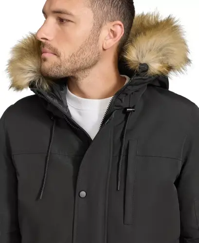 Men's Long Parka with Faux-Fur Lined Hood-Black - 4